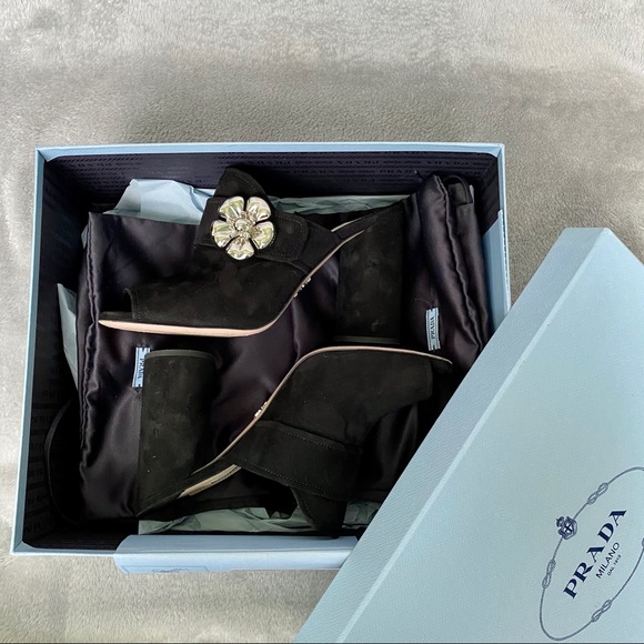 Prada Mule Heels Black Suede Metal Flower - Picture 8 of 8
